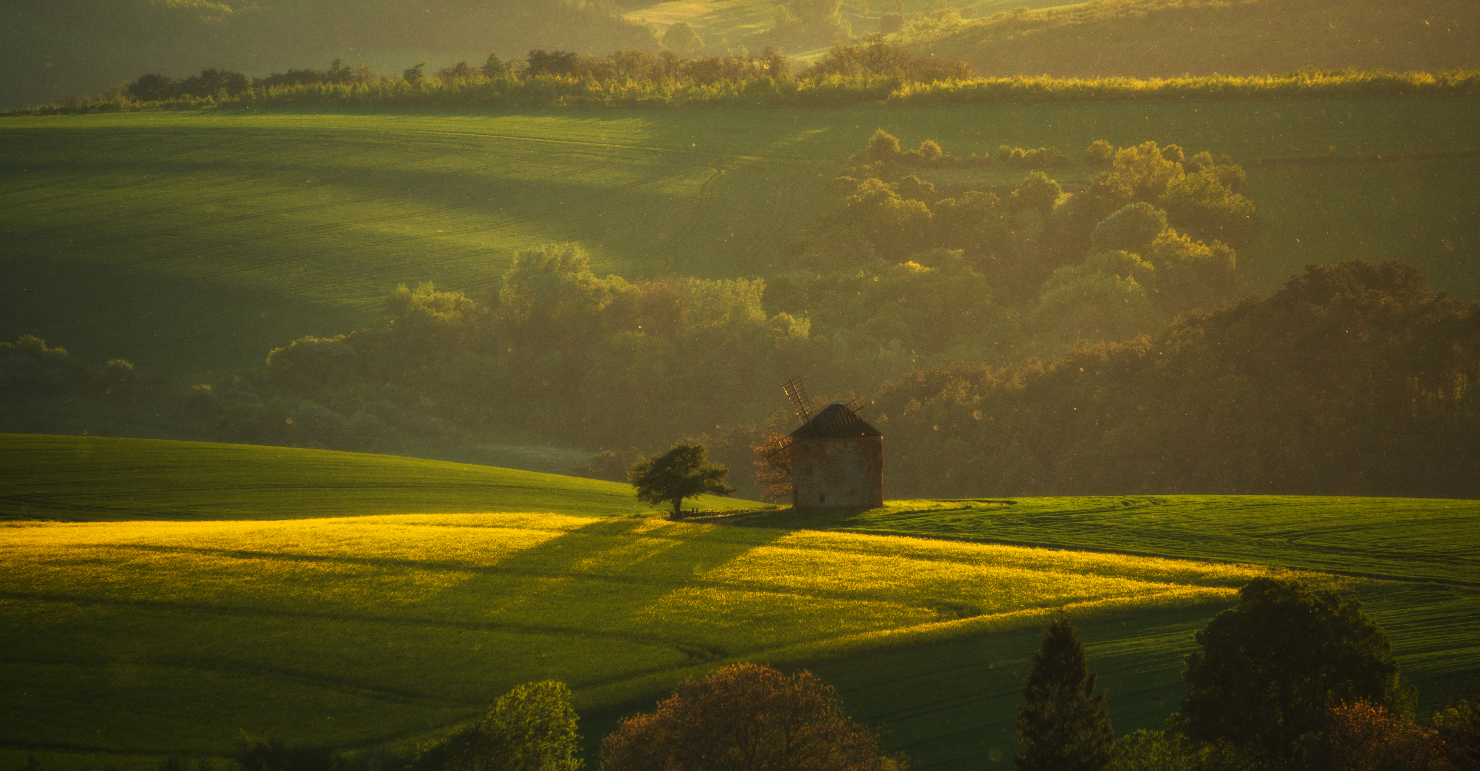 Rolling green hills and old windmill at sunset