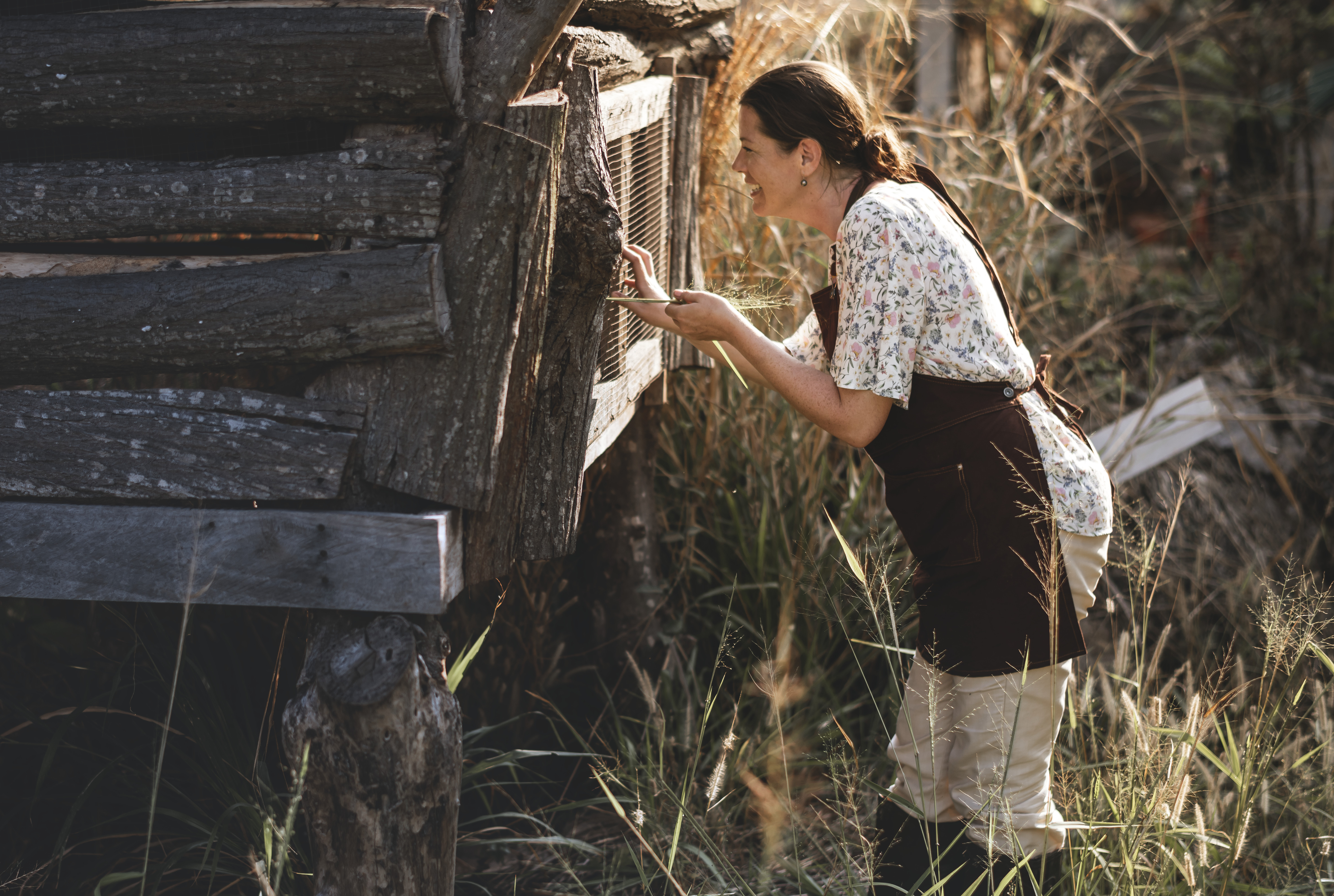 Woman tending to a beehive in golden light